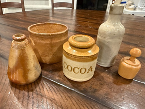 lot 219 image: Antique English Stoneware Collection Cocoa Jar, Bottle, Butter Churn