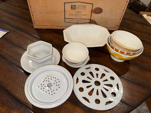 lot 234 image: Antique French and English Ironstone Bowl and Dish Set with Sceptre Wine Box