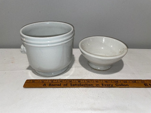lot 242 image: Vintage White French Ironstone Kitchenware Set Crock and Footed Bowl