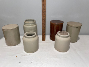 lot 243 image: Lot of 6 Vintage English Ironstone Jars & Crocks with Lids