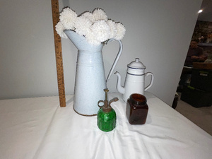 lot 246 image: Vintage French Kitchen Set Enamel Pitcher, Coffee Pot, Glass Mister & Jar