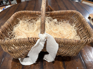 lot 128 image: Antique French Mushroom Gathering Wicker Basket with Handle and Bow