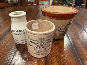 lot 131 image: Antique English Advertising Pots Collection Blanchflower, Frank Coopers, Maypole Dairy