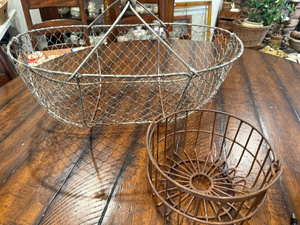 lot 135 image: Antique French Wire Harvest Basket and Metal Egg Baskets Set - Large with Wooden Handle & Small Round