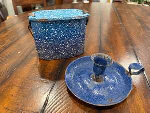 lot 136 image: Antique French Blue Speckled Enamel Lunchbox and Rat de Cave traditional French Candle Holder