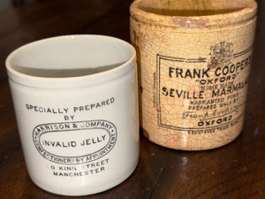 lot 138 image: Antique English Advertising Stoneware Pots - Harrison & Co Invalid Jelly & Frank Cooper Marmalade