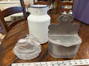 lot 140 image: Vintage Enamelware Jug, Glass Rabbit Dish & Metal Container Set