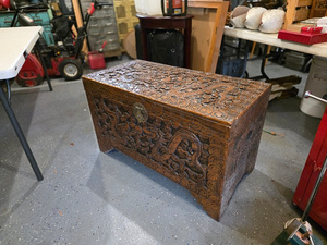 lot 1 image: Intricately Carved Wooden Chest with Dragon Motif