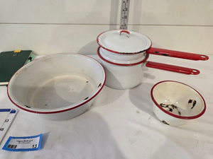 lot 13 image: Vintage Enamelware Cookware Set with Red Accents