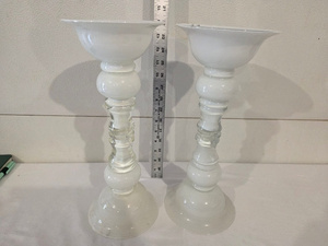 lot 14 image: Pair of Elegant Glass Candlestick Holders with Opaque and Clear Details