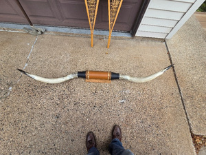 lot 42 image: Decorative Steer Horn Wall Mount with Leather and Metal Accents