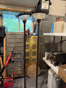 lot 47 image: Pair of Vintage Floor Lamps with Ornate Frosted Glass Shades