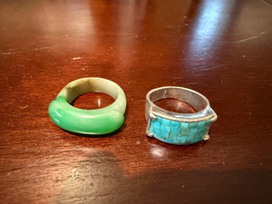 lot 58 image: Sterling Silver Turquoise Inlay Ring & Green Jade-Like Ring Set