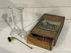 lot 83 image: Vintage Matchbox with Horse Art, Glass Candlesticks & Candle Snuffer