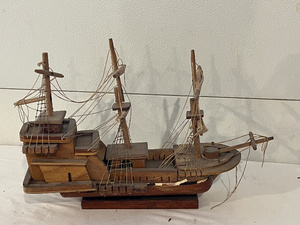 lot 85 image: Vintage Wooden Model Ship with Sails and Ruler Scale
