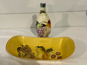lot 117 image: Vintage Ceramic Bread Tray and Decorative Bottle Set with Fruit Motif