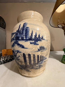 lot 120 image: Large Hand-Painted Ceramic Vase with Scenic Blue Landscape