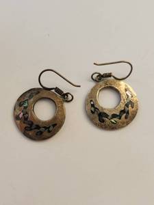 lot 60R image: Sterling Silver Abalone Inlay Dangle Earrings 12.49g Mexico