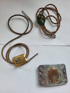 lot 61R image: Agate Bolo Ties and Western Belt Buckle Set