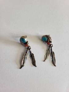 lot 92R image: Sterling Silver Turquoise and Jasper Feather Dangle Earrings, 3.59g
