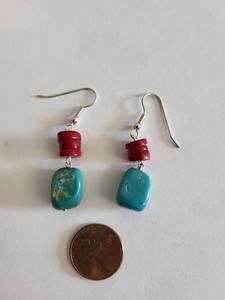 lot 100R image: Sterling Silver Turquoise and Red Coral Earrings 6.64g