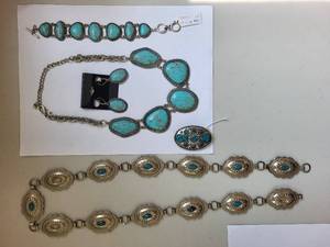lot 119R image: Lot of 5 Faux Turquoise Jewelry Pieces - Necklace, Bracelet, Brooch, Earrings, and Belt