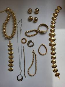 lot 120R image: Set of 12 Gold Tone Costume Jewelry Pieces - Necklaces, Bracelets, Earrings