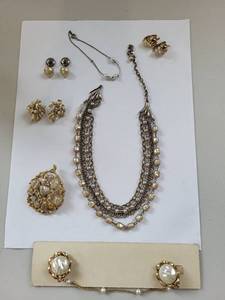lot 131R image: Costume Pearl Jewelry Lot with Necklaces, Earrings, Brooch, and Bracelet