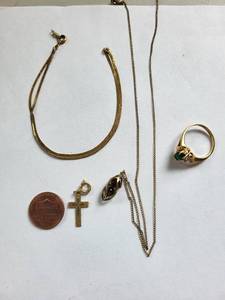 lot 141R image: 14K Gold Filled Jewelry Set - Necklaces, Ring Size 7.75, Pendant with Tigers Eye, Cross Charm