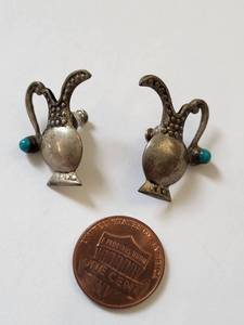 lot 158R image: Sterling Silver Pitcher Clip-On Earrings with Turquoise Accents, 4.28 Grams