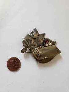 lot 162R image: Sterling Silver and Brass Brooch with Garnet and Cubic Zirconia, 18.26 Grams