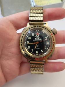 lot 182R image: Vintage Russian Vostok Komandirskie Military Watch with Gold-Tone Band