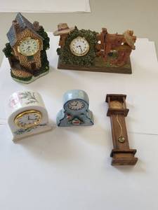 lot 187R image: Set of 5 Miniature Clock Figurines Including Aynsley China and Decorative Pieces