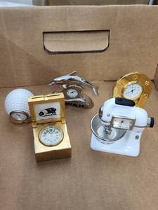 lot 191R image: Collection of 5 Novelty Miniature Desk Clocks Kitchen Dolphin Golf and More