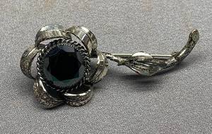 lot 15B image: Signed Vintage Sterling Silver 925 Floral Brooch with Black Stone