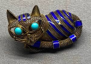 lot 22B image: Chinese Mesh Sterling Silver 925 Enamel Cat Brooch with Turquoise Eyes