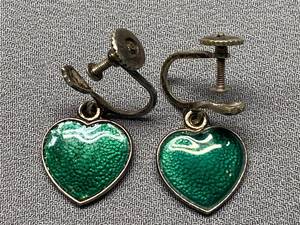 lot 28B image: Meka Denmark Sterling Silver 925 Green Enamel Heart Earrings