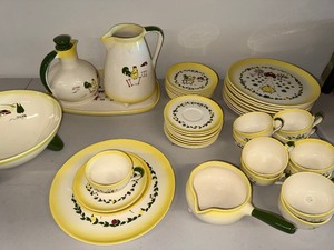 lot 1K image: Vintage Farmhouse Dinnerware Set with Rooster and Barn Motif - 22 Pieces