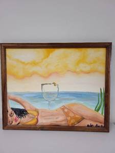 lot 35S image: Framed Original Artwork Beach Scene Woman in Bikini Signed 20x16