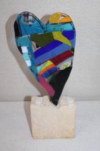 lot 5 image: Colorful Fused Glass Heart Sculpture on Stone Base