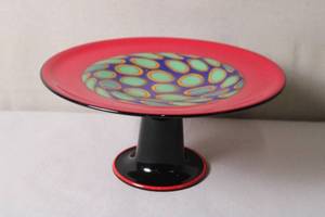 lot 12 image: Colorful Art Glass Pedestal Bowl with Red Rim and Op Art Pattern
