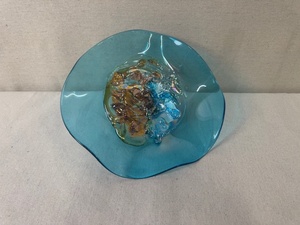 lot 24 image: Art Glass Decorative Bowl with Blue, Amber, and Clear Accents