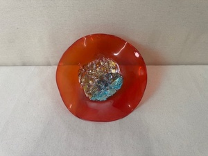 lot 25 image: Artisan Handblown Glass Bowl with Red and Multicolor Abstract Design