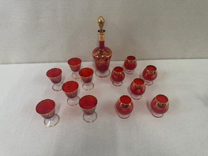 lot 27 image: Vintage Red and Gold Decanter Set with 10 Glasses
