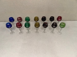 Set of 14 Colored Cut to Clear Crystal Wine Glasses with Etched Floral Designs