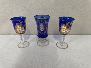 lot 35 image: Set of 3 Vintage Blue Glass Goblets with Gold and Enamel Accents