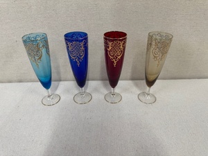 lot 36 image: Set of 4 Hand-Painted Colored Champagne Flutes with Gold Accents