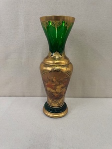 lot 38 image: Vintage Hand-Painted Green and Gold Porcelain Vase with Classical Scene