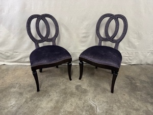 lot 41 image: Pair of Upholstered Side Chairs with Double Oval Backs and Nailhead Trim