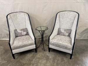 lot 43 image: Pair of High-Back Upholstered Accent Chairs with Side Table